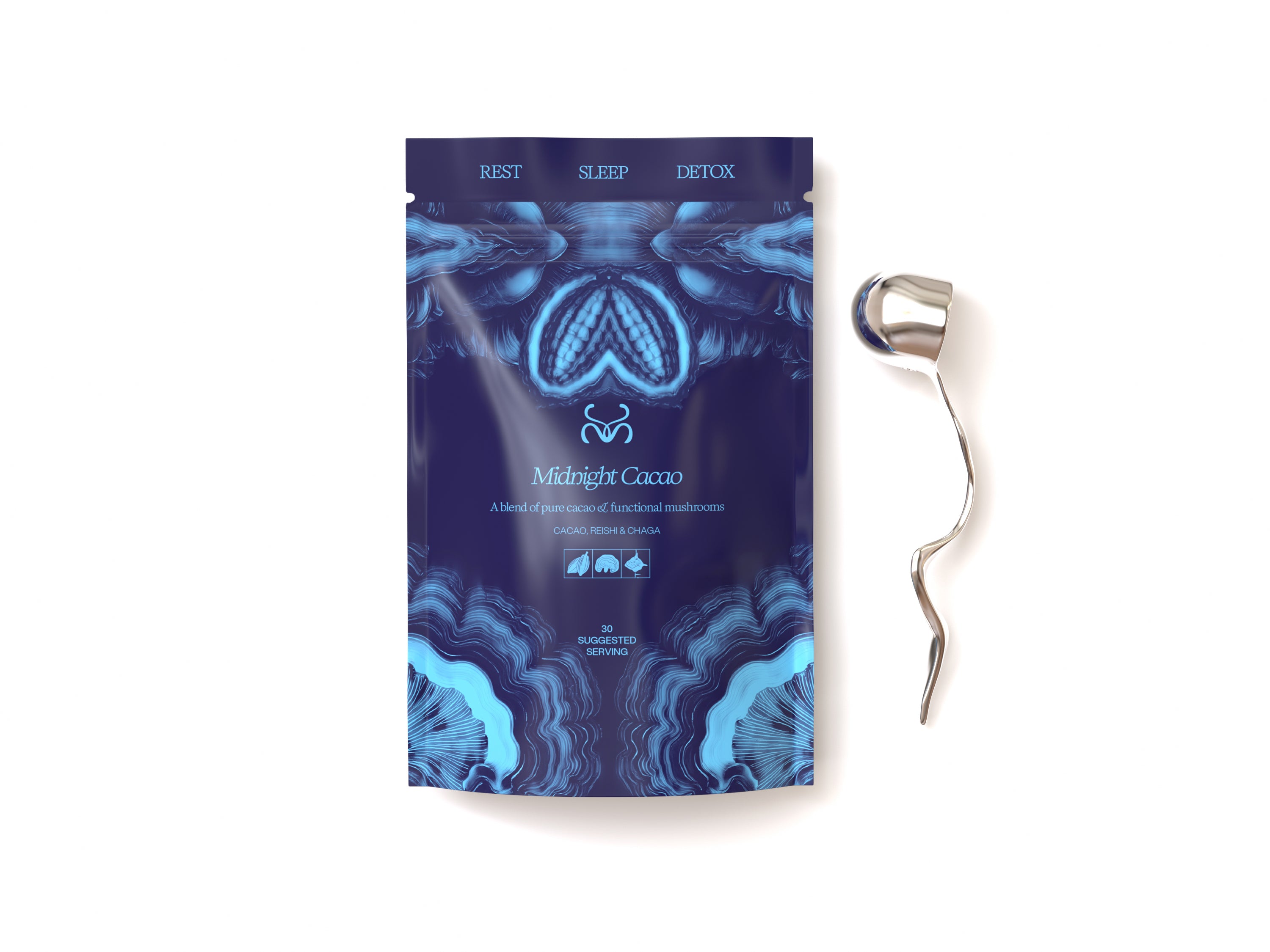Mabel Midnight Cacao & stainless steel dosing spoon set, featuring functional cacao blend with Reishi, Chaga, date powder, and Himalayan salt for calm, relaxation, and restful sleep