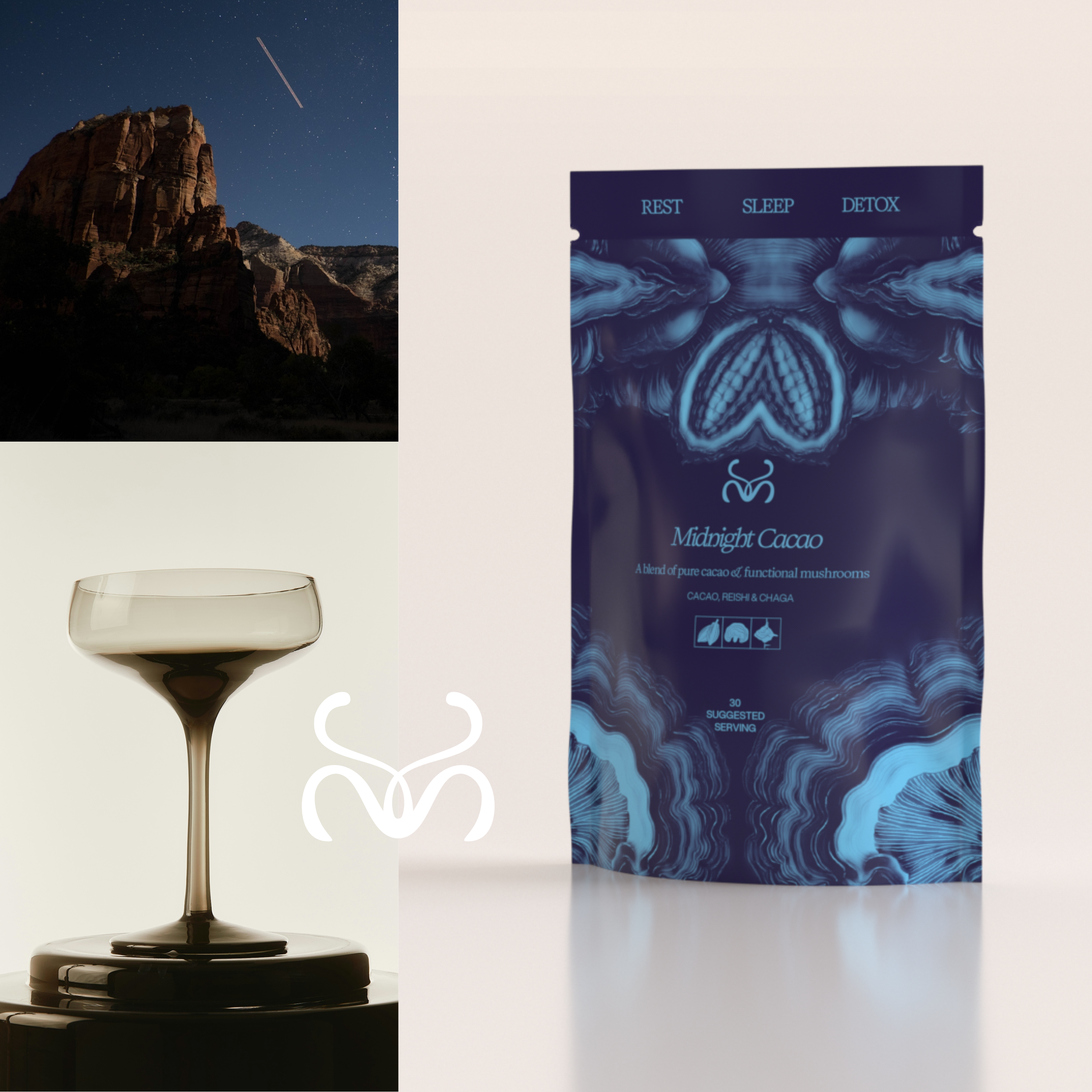 Mabel Midnight Cacao & stainless steel dosing spoon set, featuring functional cacao blend with Reishi, Chaga, date powder, and Himalayan salt for calm, relaxation, and restful sleep