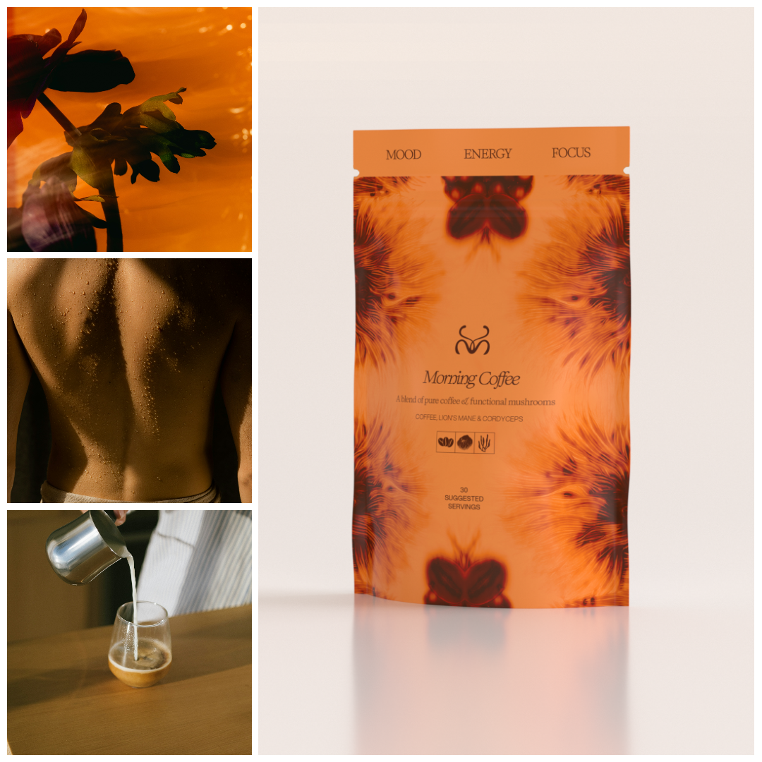 Mabel Morning Coffee & stainless steel dosing spoon set, featuring functional coffee blend with Lion’s Mane, Cordyceps, and MCT oil powder for focus, clarity, and sustained energy